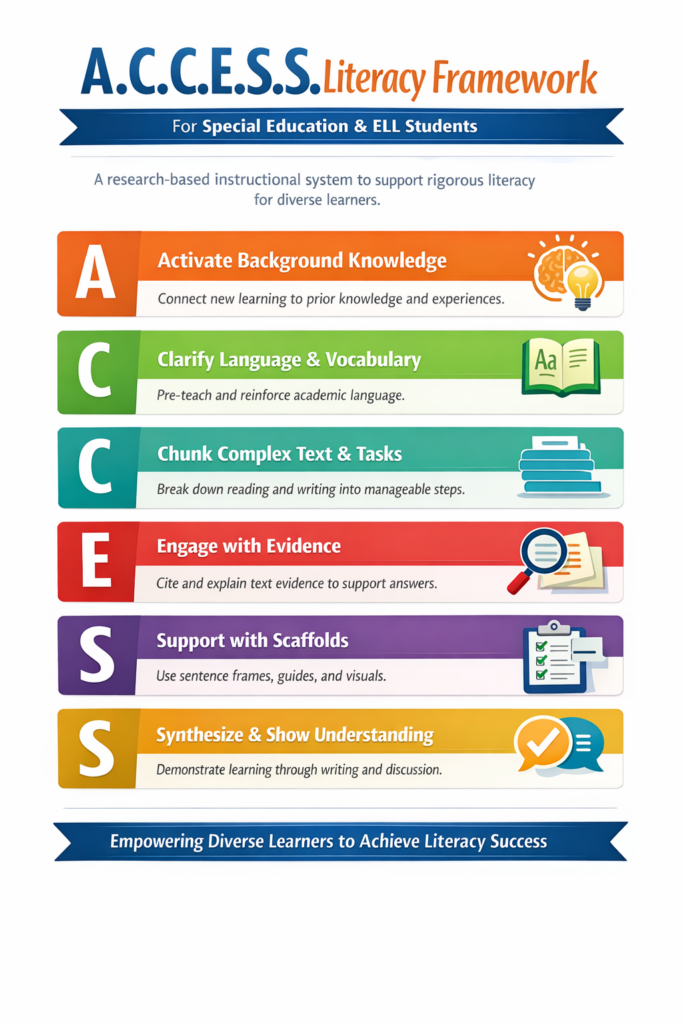 The A.C.C.E.S.S. Literacy Framework is a research-based instructional system I developed to help teachers make rigorous literacy instruction accessible for diverse learners—especially students receiving Special Education services and English Language Learners. The framework guides teachers through a clear instructional sequence that activates background knowledge, supports vocabulary development, breaks complex texts into manageable steps, and builds students’ ability to analyze and respond with evidence.